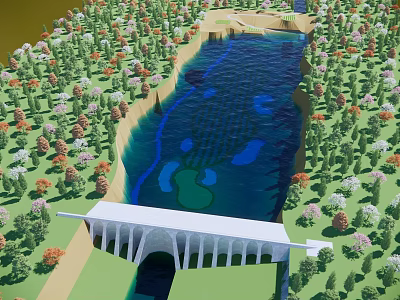 Scenic Natural Landscape With Flowing River Lush Forest And White Arch Bridge 3d model