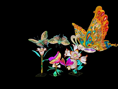 Colorful Decorative Landscape Sculpture with Intricate Butterflies and Floral Designs 3d model