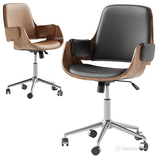 Modern Brown And Black Office Chairs With Leather Seats Wooden Armrests And Metal Wheel Bases 3d model 