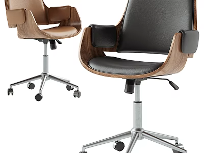 Modern Brown And Black Office Chairs With Leather Seats Wooden Armrests And Metal Wheel Bases 3d model