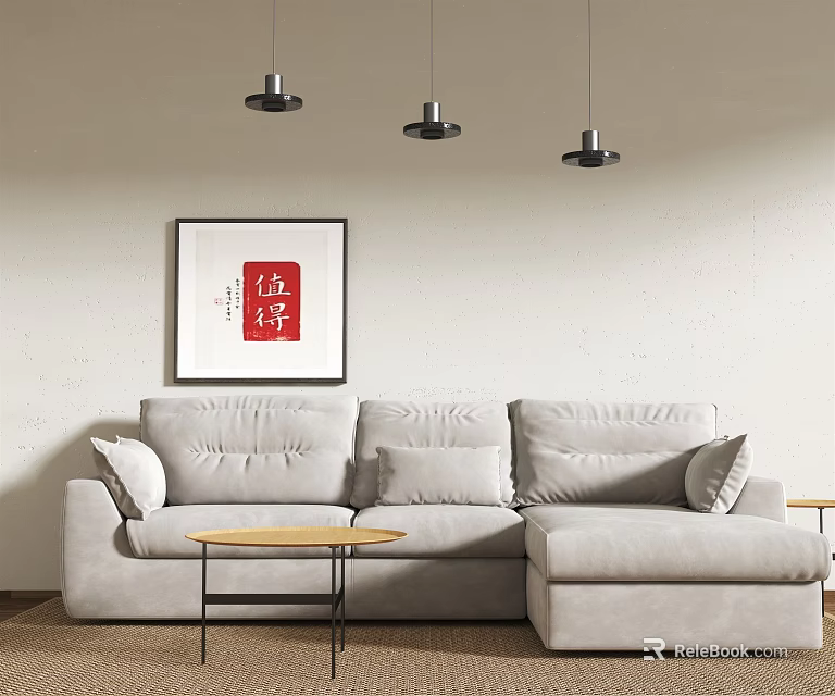 Gray Multi Seater Sectional Sofa With Framed Wall Art Pendant Lights and Coffee Table 3d model 