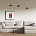 Gray Multi Seater Sectional Sofa With Framed Wall Art Pendant Lights and Coffee Table
