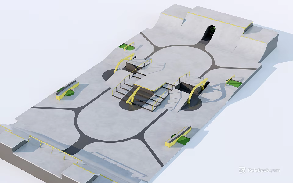 Park Landscape Design Featuring Paved Ground Steps Green Areas Circular Center And Yellow Railings 3d model 