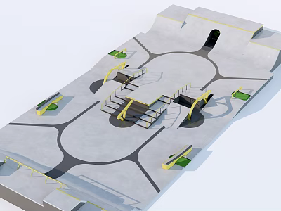 Park Landscape Design Featuring Paved Ground Steps Green Areas Circular Center And Yellow Railings 3d model