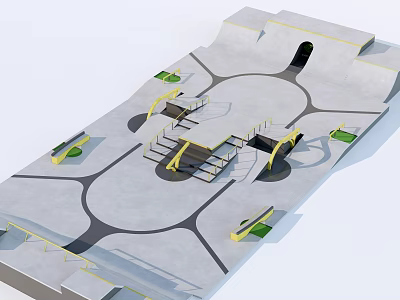 Park Landscape Design Featuring Paved Ground Steps Green Areas Circular Center And Yellow Railings 3d model