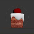 Red Velvet Cake Topped with White Frosting and Red Apple on Wooden Tray