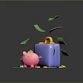 Decorative Ornament Set Blue Suitcase Yellow Handle Green Dollar Bills Pink Piggy Bank Yellow Coins