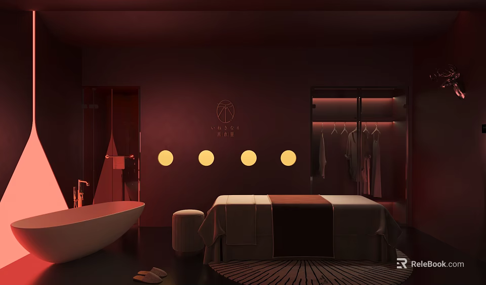 Luxury SPA Sauna Room With Massage Table Bathtub And Round Lights For Relaxation 3d model 