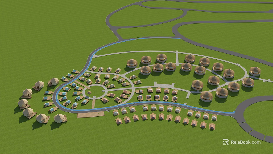 Green Grass Resort Layout With Dome Structures And Circular Road Design 3d model 