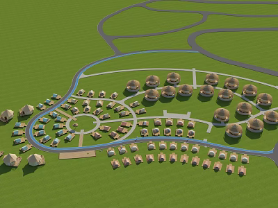 Green Grass Resort Layout With Dome Structures And Circular Road Design 3d model