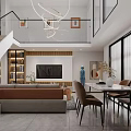 Modern Living And Dining Room Interior With Sofa Dining Table Artworks And Pendant Light