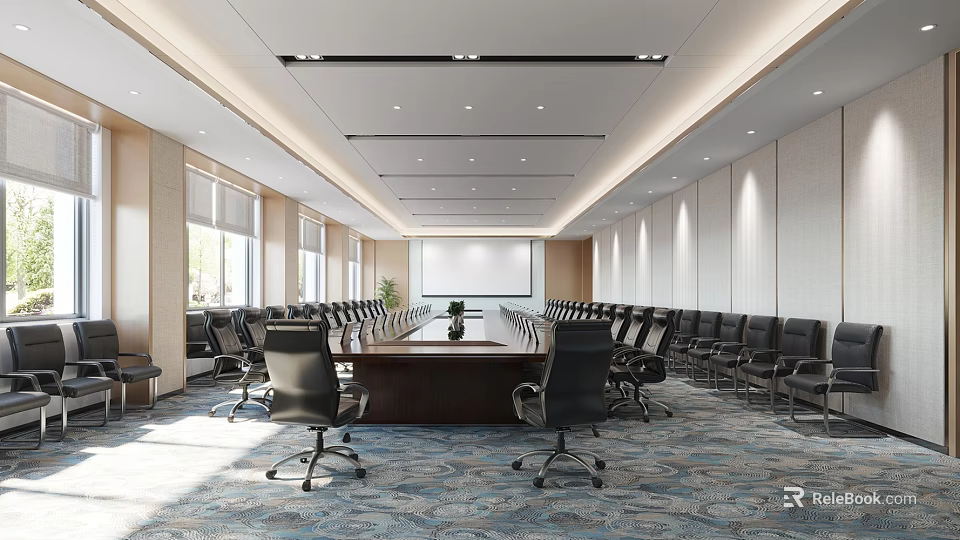 Modern Conference Room Interior Design With Long Table Black Chairs Projection Screen And Carpet 3d model 