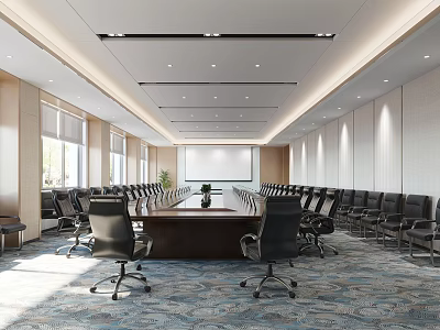 Modern Conference Room Interior Design With Long Table Black Chairs Projection Screen And Carpet 3d model
