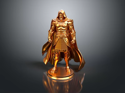 Shiny Golden Male Statue in Detailed Armor With Flowing Cloak Standing on Pedestal 3d model
