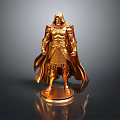 Shiny Golden Male Statue in Detailed Armor With Flowing Cloak Standing on Pedestal