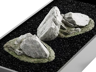 Garden Ornament With Natural Rocks Green Moss And Black Pebbles In Container 3d model