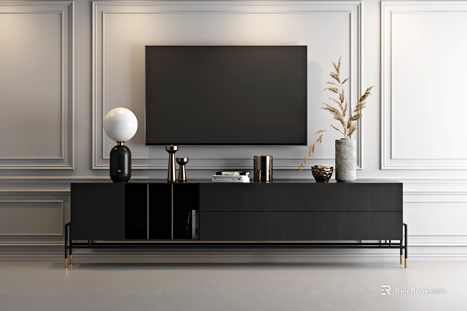 Black TV Stand With Flat Screen TV White Lamp Gold Accents Books And Dried Plants 3d model 