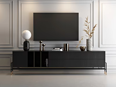 Black TV Stand With Flat Screen TV White Lamp Gold Accents Books And Dried Plants 3d model