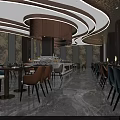 Luxury Modern Restaurant Interior With Marble Flooring Circular Chandelier Large Windows Open Layout Dining Tables Chairs