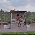 Outdoor Landscape Swing Seat With Canopy And Green Plants On Patio