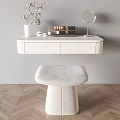 White Wall Mounted Dressing Table With Round Mirror Vase And Upholstered Stool On Herringbone Floor