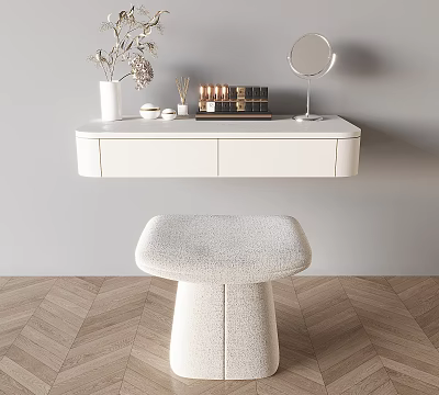 White Wall Mounted Dressing Table With Round Mirror Vase And Upholstered Stool On Herringbone Floor 3d model