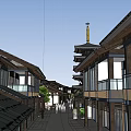 Traditional Commercial Street With Black Rooftops Well Arranged Buildings And Green Trees