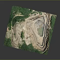 Open Pit Mining Terrain Featuring Layered Excavation Green Vegetation And Central Water Pool 3d model