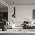 Modern Living Room Interior Design With Light Gray Sofa Black Floor Lamp And Abstract Portrait