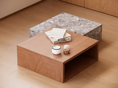 Wooden Coffee Table With Books White Cup And Marble Coffee Table In Modern Living Room 3d model