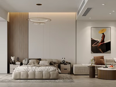 Modern Apartment Bedroom And Living Area With Cozy Furniture And Artwork 3d model