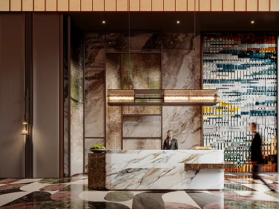 Modern Hotel Lobby Interior With Marble Reception Desk Pendant Chandelier And Decorative Wall 3d model