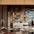 Modern Hotel Lobby Interior With Marble Reception Desk Pendant Chandelier And Decorative Wall
