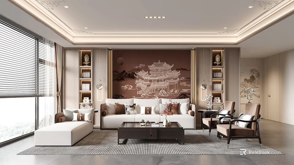 Traditional Modern Living Room Interior With Sofa Coffee Table Bookshelves Decorative Mural And Rug 3d model 