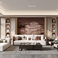 Traditional Modern Living Room Interior With Sofa Coffee Table Bookshelves Decorative Mural And Rug