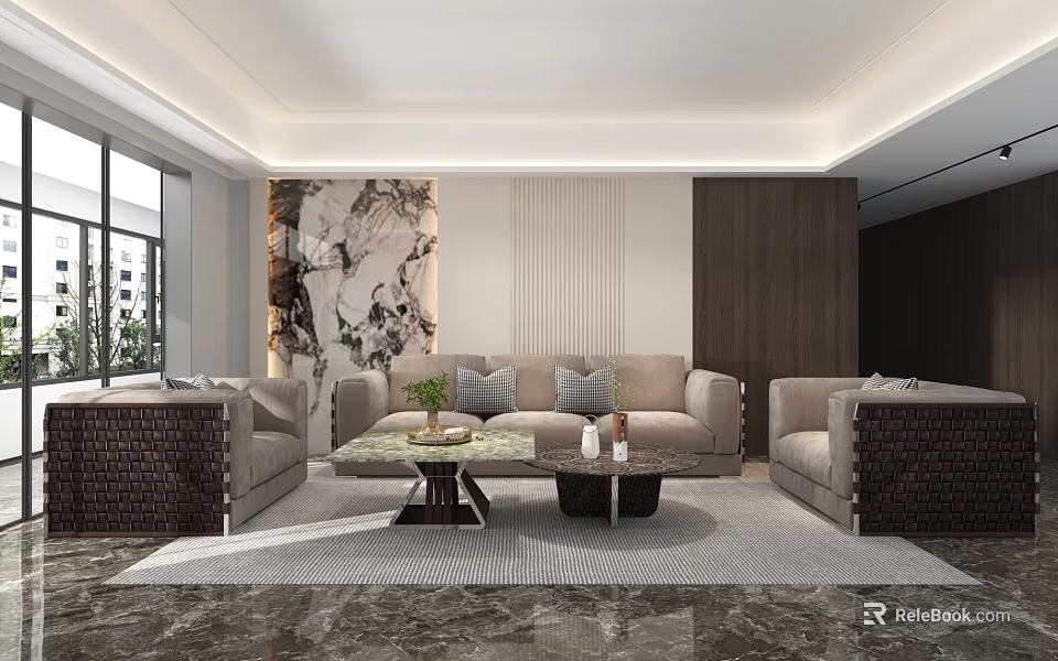 Modern Luxury Living Room With Cozy Beige Sofas And Elegant Marble Accent Wall Design 3d model 