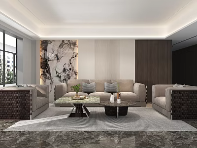 Modern Luxury Living Room With Cozy Beige Sofas And Elegant Marble Accent Wall Design 3d model