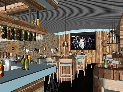 Modern Bar Interior Design With Wooden Counter Stools Bottles Hanging Lights And Decorative 3d model