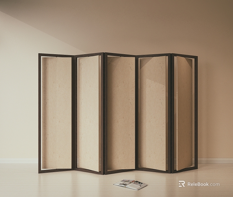Modern Five Panel Wooden Frame Room Divider with Light Fabric Panels 3d model 