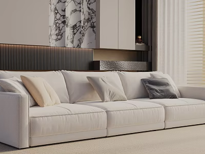 Modern White Fabric Three Seater Sofa With Decorative Cushions And Wall Design Elements 3d model