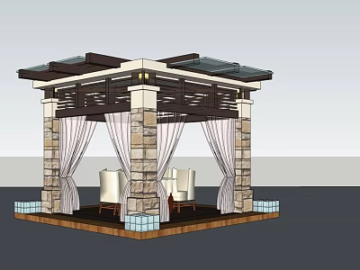 Pergola With Stone Pillars Wooden Frame Glass Roof White Curtains And Blue Tiles 3d model