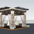 Pergola With Stone Pillars Wooden Frame Glass Roof White Curtains And Blue Tiles