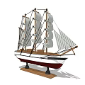 Decorative Ornament Set Vintage Model Ship with Wooden Base Multiple Masts and Canvas Sails
