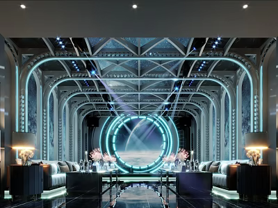 Luxurious KTV Private Room With Sofas Tables And Futuristic Lights 3d model