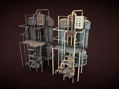 Industrial Machinery Units With Metal Frames Pipes Control Panels And Multi Level Design 3d model
