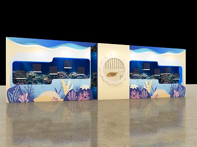 Blue Wave Themed Aquarium Display With Multiple Fish Tanks And Coral Shell Decorations 3d model