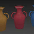 Three Colorful Ceramic Vessels with Orange Red and Blue Hues and Two Handles Each