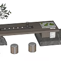 Modern Wooden Tea Table Set with Green Plant Tea Set and Stone Base Stools