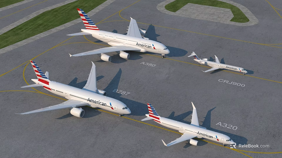American Airlines Passenger Planes Including A321 A320 and CRJ900 Parked on Airport Tarmac 3d model 