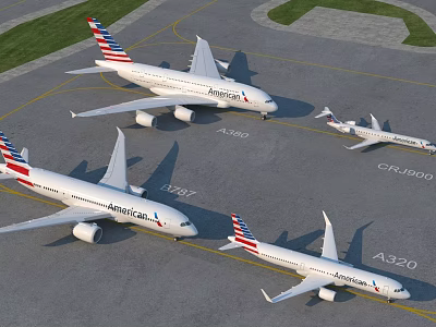 American Airlines Passenger Planes Including A321 A320 and CRJ900 Parked on Airport Tarmac 3d model